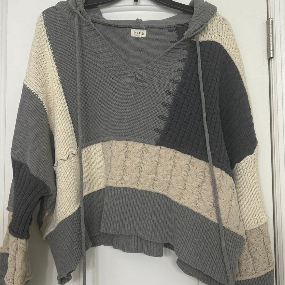 POL Patchwork Hooded Cropped Sweater Colorblock C… - image 5